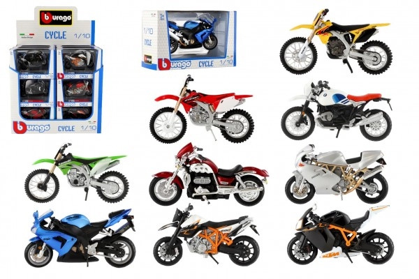 Bburago Motorka kov/plast 11 12cm mix druhů v krabičce 17x11x7cm 18ks v boxu 1:18