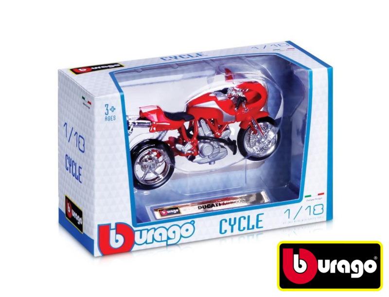 Bburago Motorka kov/plast 11 12cm mix druhů v krabičce 17x11x7cm 18ks v boxu 1:18