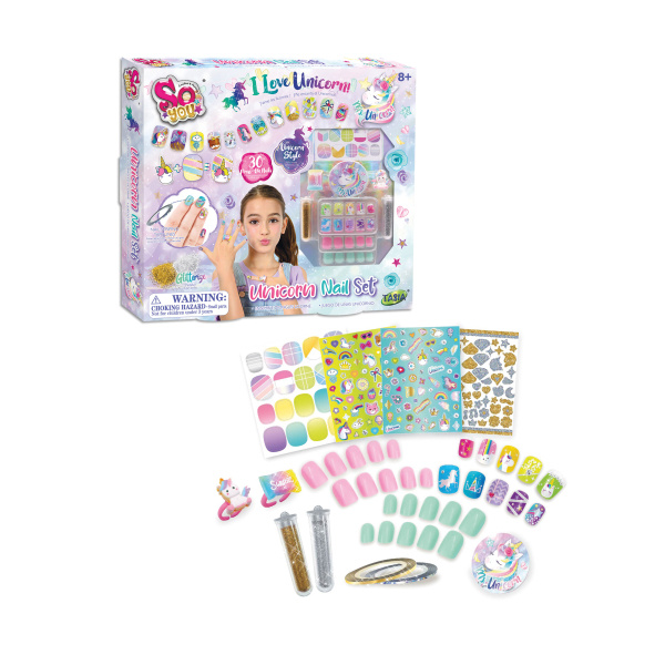 TASIA - Sada 30 nalepovacích nehtů s jednorožcem a glitry