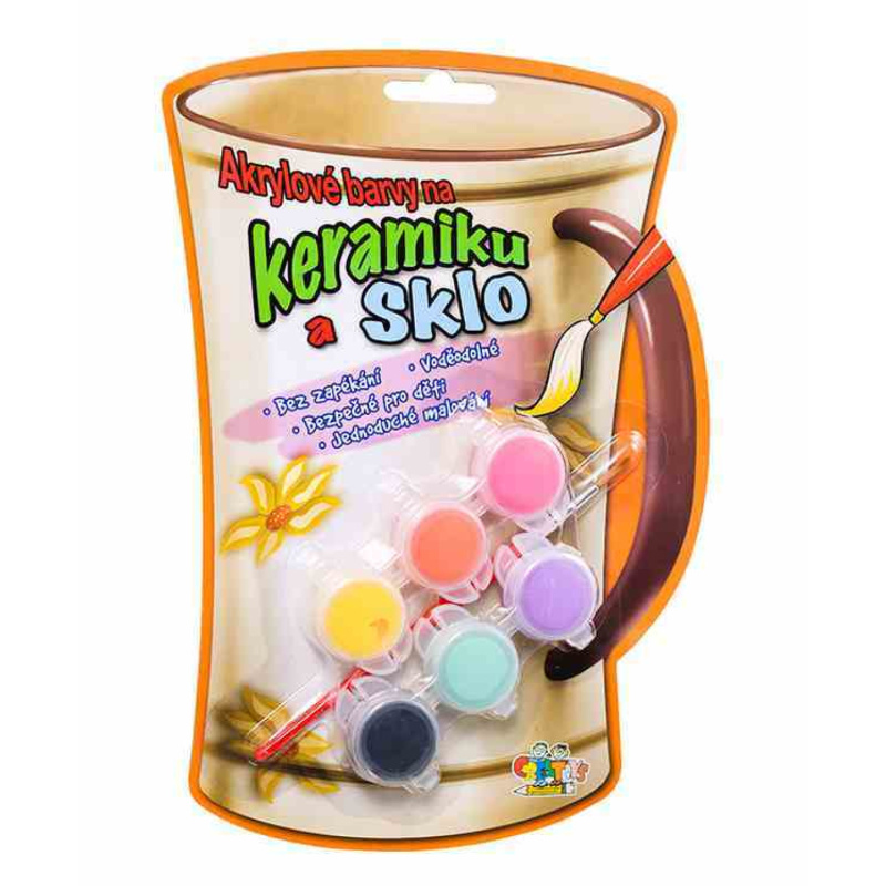 Akrylové barvy 6ks se štětcem i na keramiku,sklo,kameny na kartě