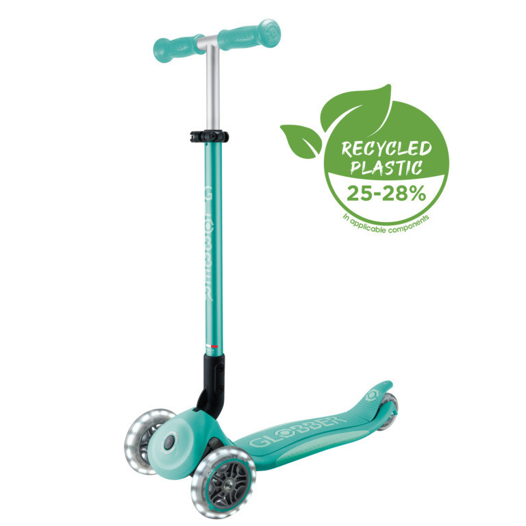 Globber Koloběžka dětská trojkolečková Plus - Primo Foldable Plus Lights V2 Dark Mint svítící kolečka