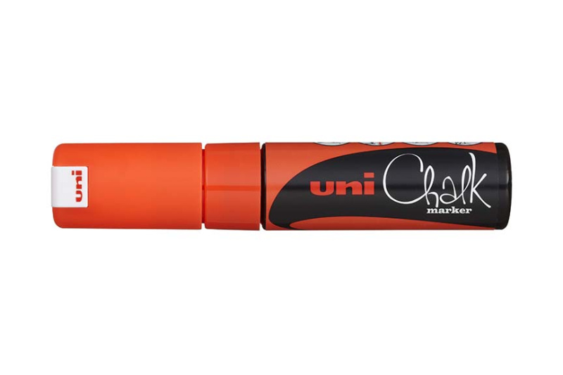 Křídový popisovač UNI se seříznutým hrotem 8 mm - fluo-oranžový