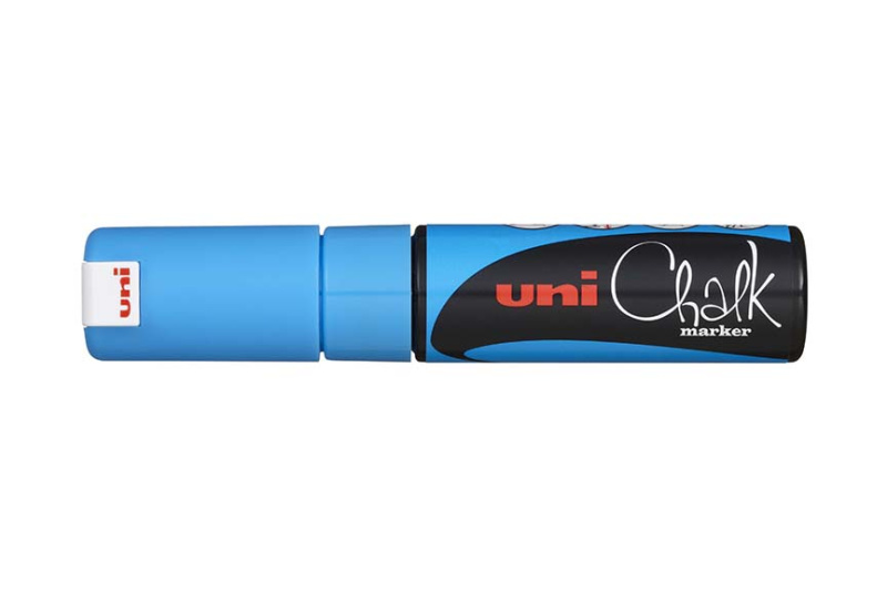 Křídový popisovač UNI se seříznutým hrotem 8 mm - světle modrý