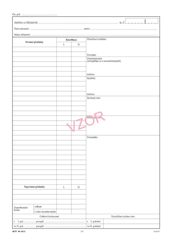 Třídní výkaz - vložka (studium při zaměstnání)