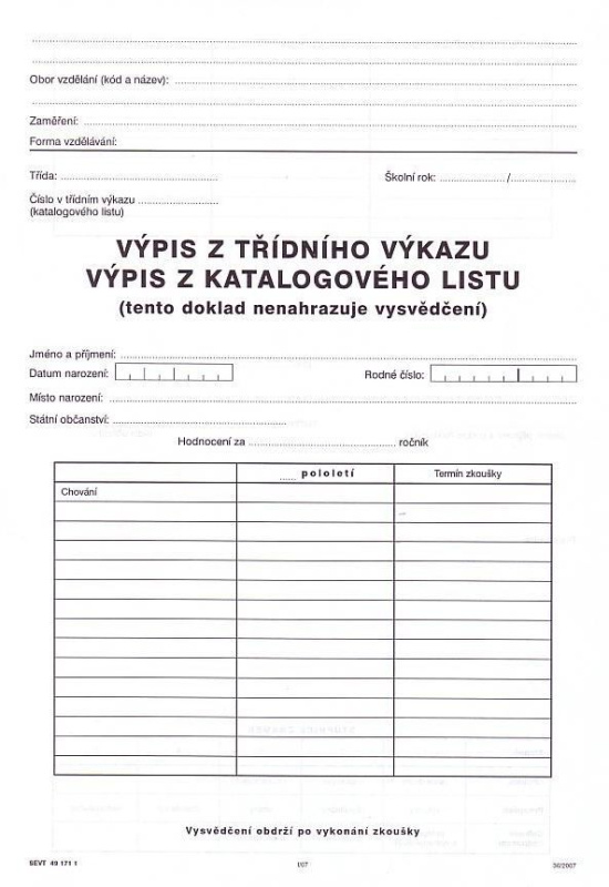 Výpis z třídního výkazu