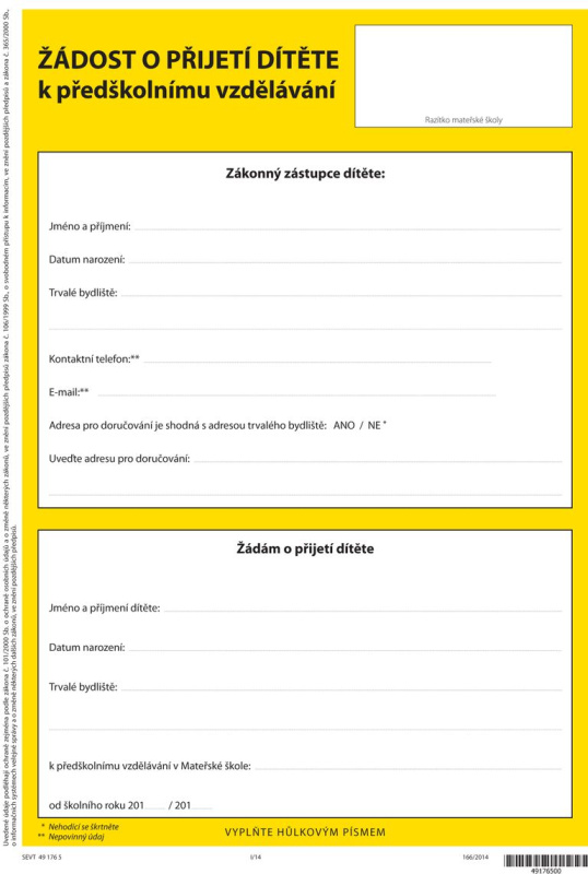 Žádost o přijetí dítěte k předškolnímu vzdělávání