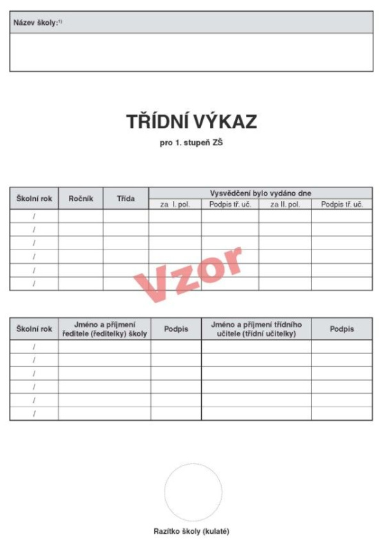 Třídní výkaz pro 1. stupeň ZŠ