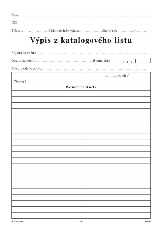 Výpis z katalogového listu pro 1. a 2. stupeň