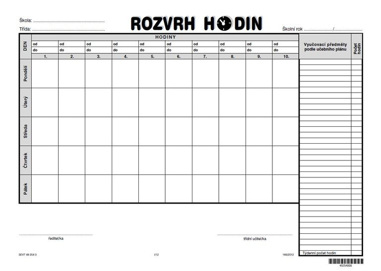 Rozvrh hodin třídní (bez předepsaných předmětů)