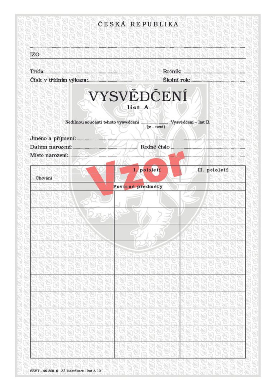 Vysvědčení pro základní školu - list A (klasifikace) do 10 povinných předmětů