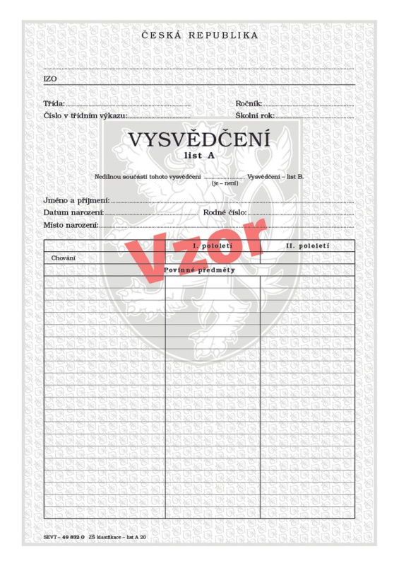 Vysvědčení pro základní školu - list A (klasifikace) do 20 povinných předmětů