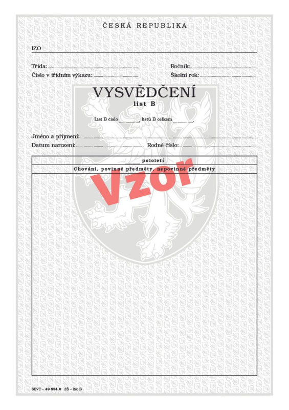Vysvědčení pro základní školu - list B