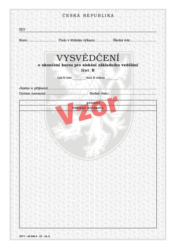 Vysvědčení o ukončení kursu pro získání základního vzdělání list B