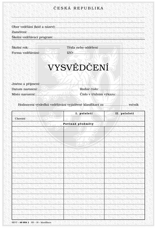 Vysvědčení SŠ a konzervatoře ročníkové - 18 povinných předmětů