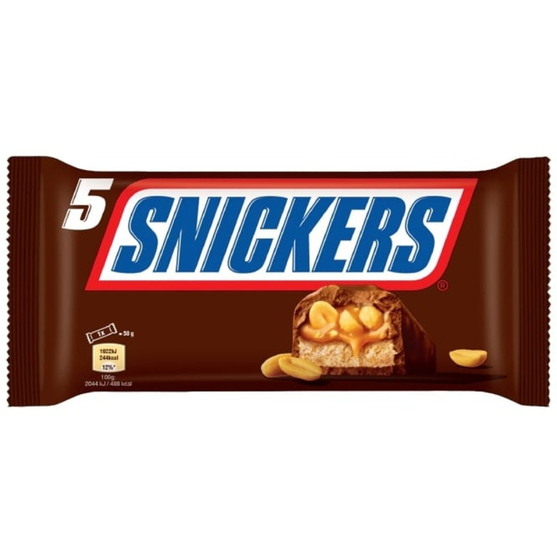 Snickers Mléčná čokoládová tyčinka plněná nugátem, karamelem a praženými arašídy 5x50g