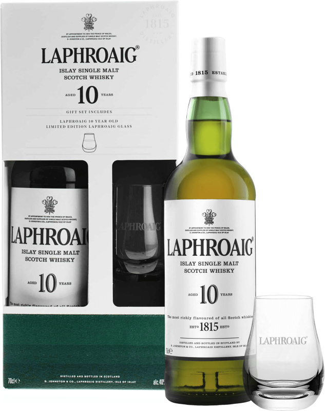 Laphroaig 10 letá + 1 sklenice 40% 0,7l (darčekové balenie 1 pohár)