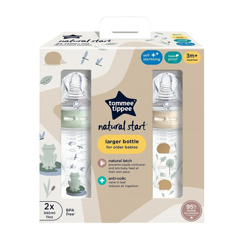 Tommee Tippee Natural Start Anti-Colic samosterilizační kojenecká láhev Nature Medium Flow 3 m+ 2x340 ml