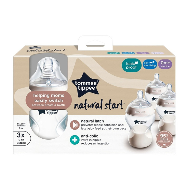 Tommee Tippee Natural Start Anti-Colic samosterilizační kojenecká láhev Slow Flow 0m+ 3x260 ml