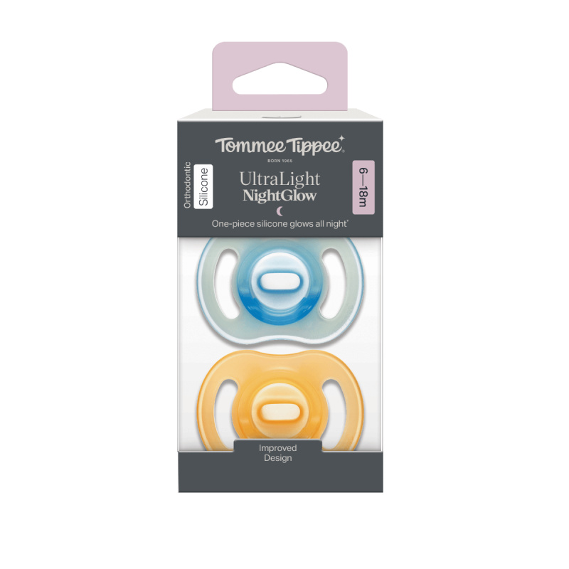Tommee Tippee Ultra Light Night dudlík 6-18m Orange/ Blue 2 ks