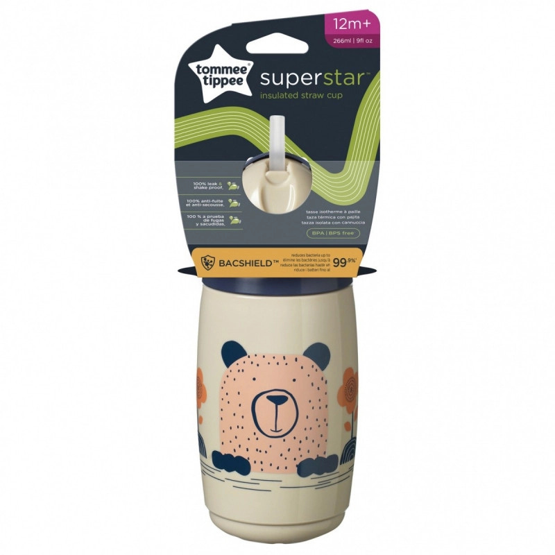Tommee Tippee Superstar Insulated Straw Grey hrnek s brčkem pro děti 12m+ 266 ml