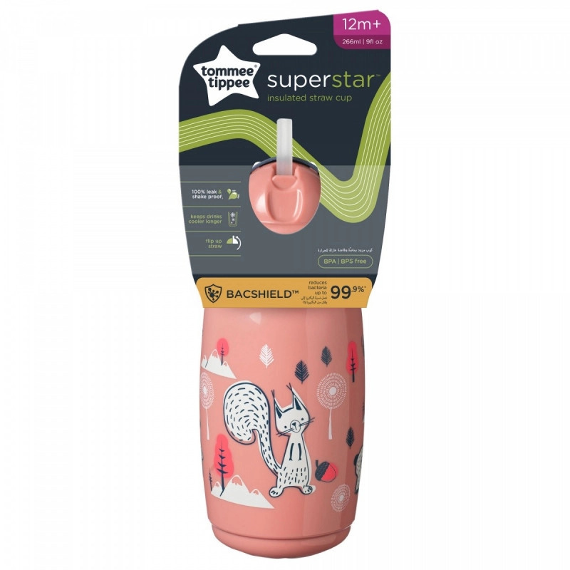 Tommee Tippee Superstar Insulated Straw Pink hrnek s brčkem pro děti 12m+ 266 ml