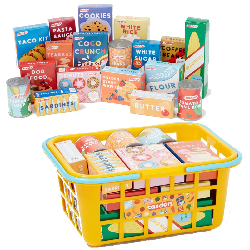 Žlutý nákupní košík CASDON s potravinami pro děti 3+