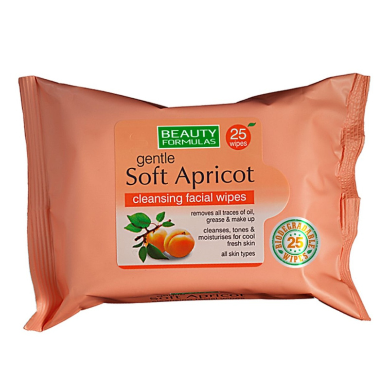 Beauty Formulas Biologicky rozložitelné čistící ubrousky na obličej s extraktem z meruňky, 25 ks