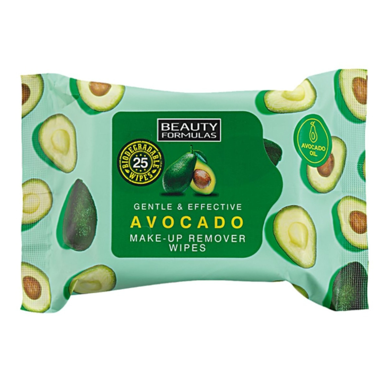 Beauty Formulas Biologicky rozložitelné odličovací a čistící ubrousky na obličej s avokádem, 25 ks