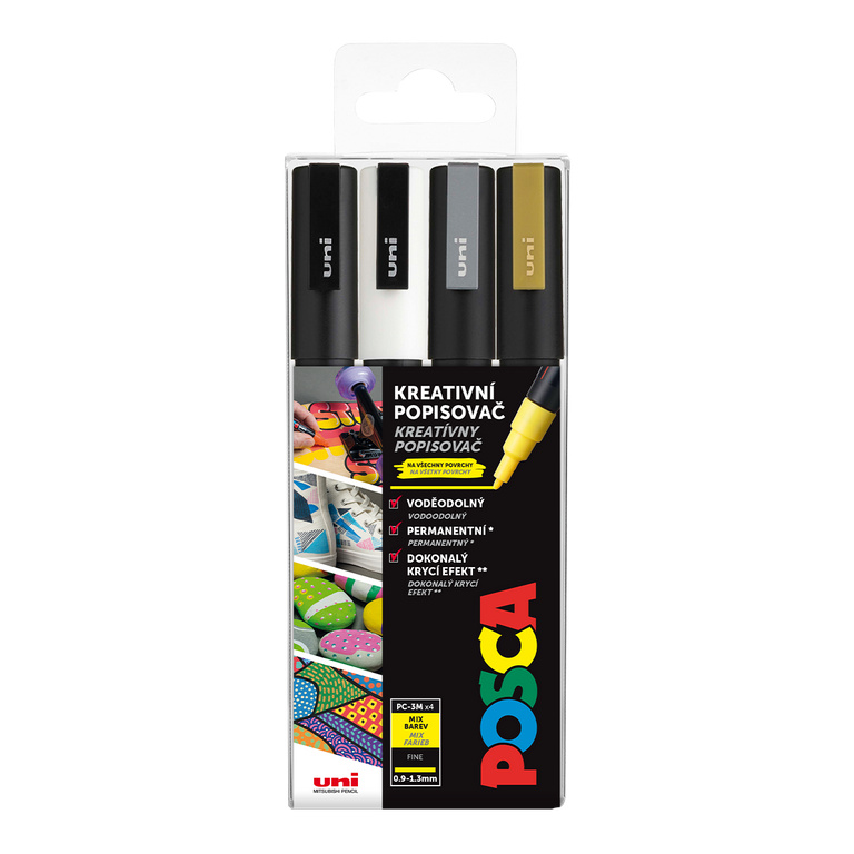 POSCA akrylový popisovač PC-3M 4 ks - bílá, zlatá, černá, stříbrná POSCA