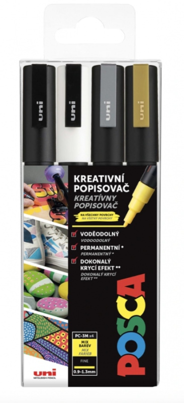 POSCA akrylový popisovač PC-3M 4 ks - bílá, zlatá, černá, stříbrná POSCA
