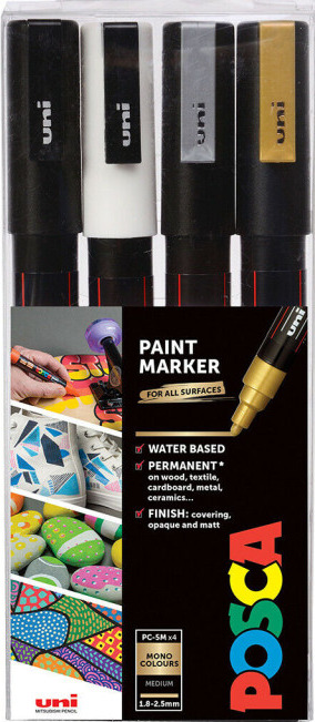 POSCA akrylový popisovač PC-3M 4 ks - bílá, zlatá, černá, stříbrná POSCA