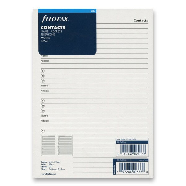 Adresář náplň A5 k diářům Filofax