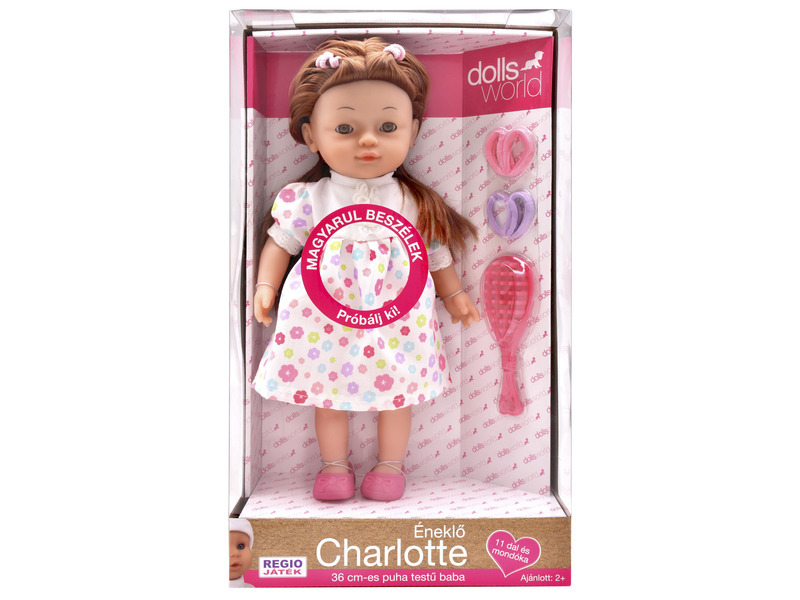 Charlotte mluvící maďarsky, v květovaných šatech - v maďarštině