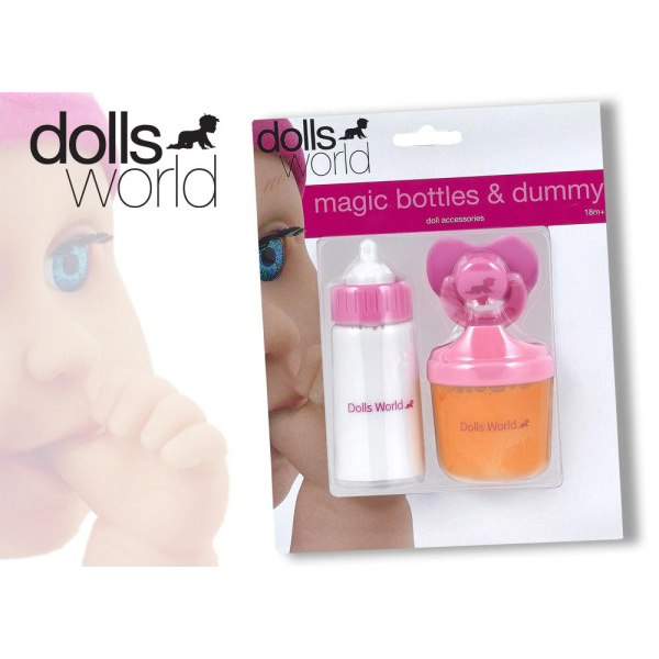 Dolls World - Sada - láhev mléka, láhev šťávy a dudlík