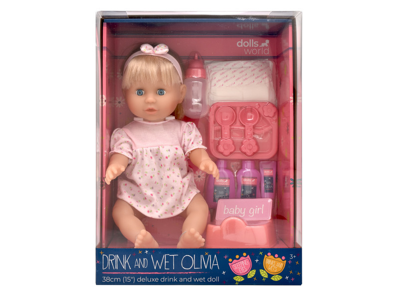 Dolls World - Panenka Olivia 38 cm pije a čůrá + příslušenství