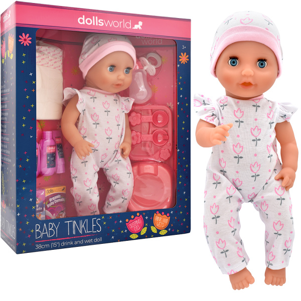 Dolls World - Miminko Baby Tinkles 38 cm pije a čůrá + bohaté příslušenství