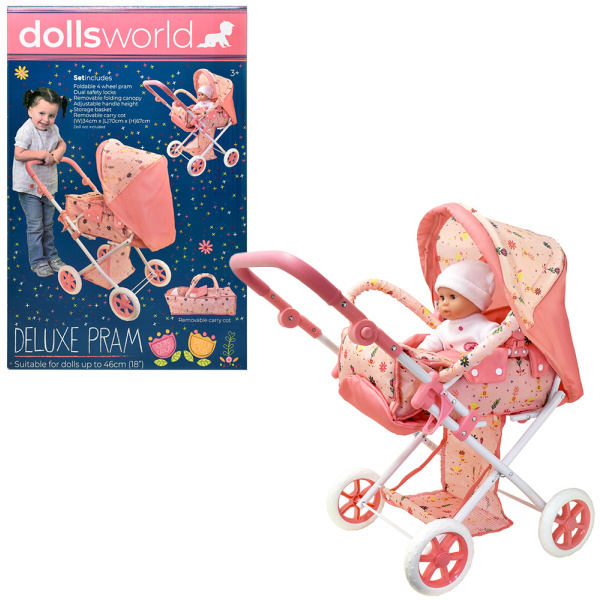 Dolls World - Luxusní skládací kočárek pro panenky 46 cm s odnímatelnou korbičkou