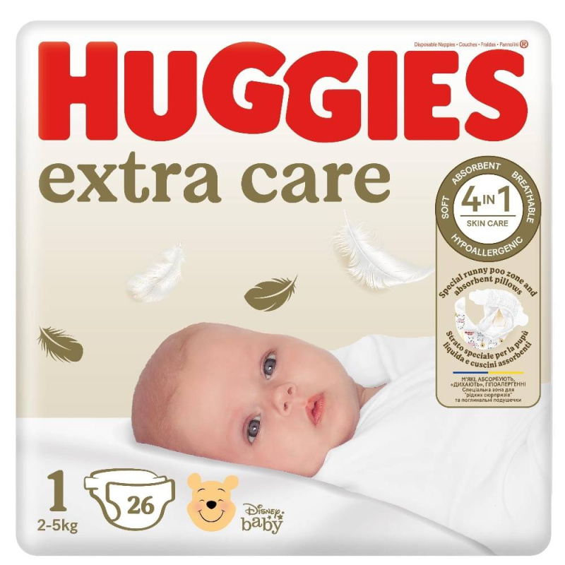 Huggies Extra Care Size 1 jednorázové pleny 2-5 kg 26 ks
