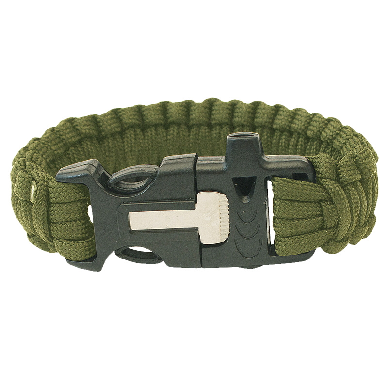 Paracord Náramek HIGHLANDER - trojzubec, píšťalka, křesadlo olivový