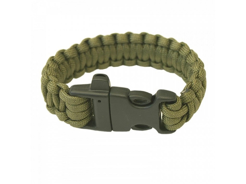 Paracord náramek HIGHLANDER  - trojzubec, píšťalka olivový