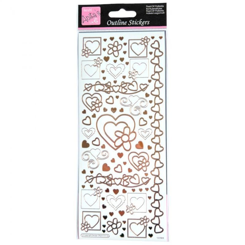 Samolepky kontury metalické bronzové 10x23cm Srdíčka