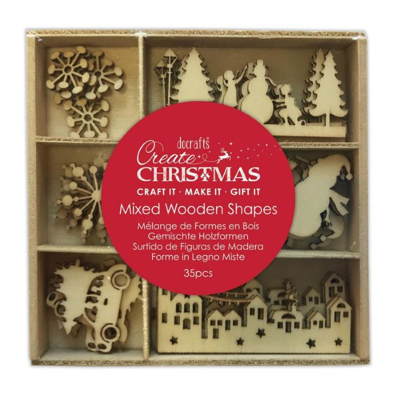 Zasněžené město - mix malých dřevěných dekorací (35ks)