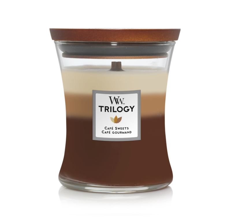 Woodwick Trilogy Café Sweets vonná svíčka s dřevěným knotem 275 g