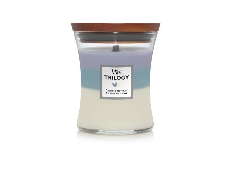 Woodwick Trilogy Calming Retreat vonná svíčka s dřevěným knotem 275 g