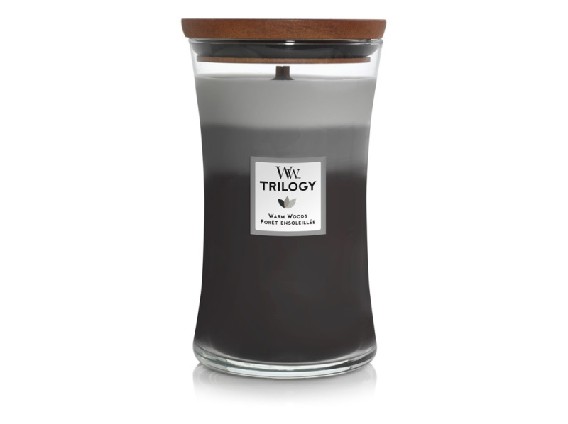 Woodwick Trilogy Warm Woods vonná svíčka s dřevěným knotem 609,5 g