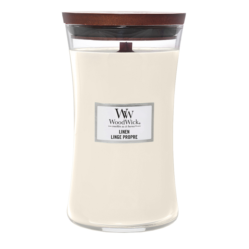 Woodwick Linen vonná svíčka s dřevěným knotem 609.5 g