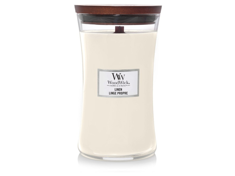 Woodwick Linen vonná svíčka s dřevěným knotem 609.5 g