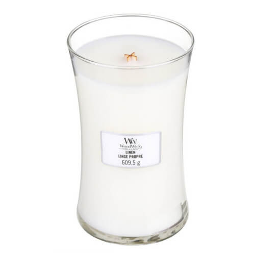 Woodwick Linen vonná svíčka s dřevěným knotem 609.5 g