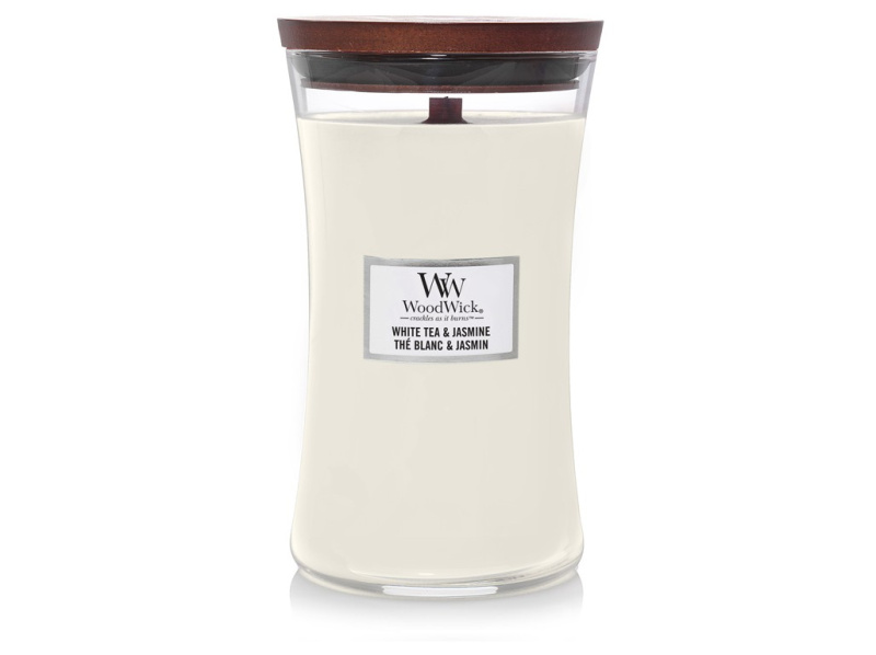 Woodwick White Tea & Jasmine vonná svíčka s dřevěným knotem 609.5 g