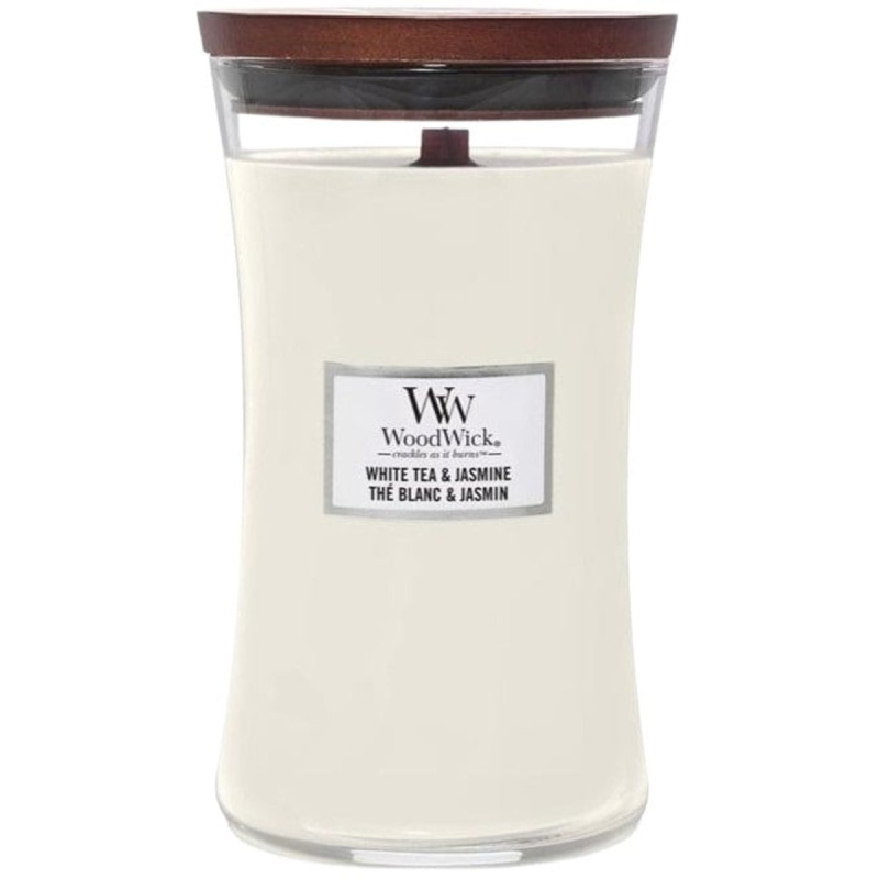 Woodwick White Tea & Jasmine vonná svíčka s dřevěným knotem 609.5 g